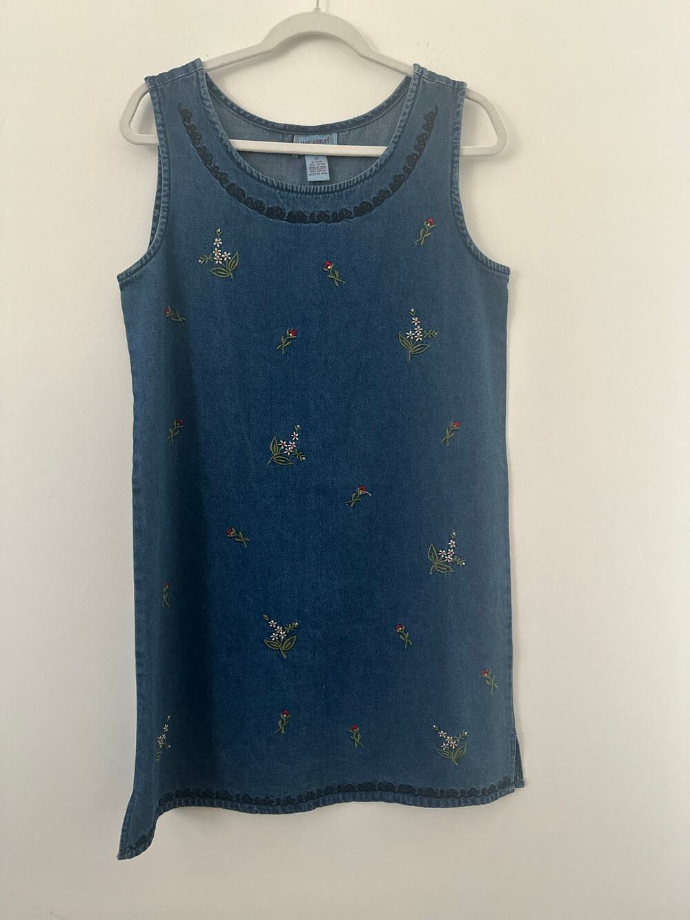 Jane Ashley Denim Tank Dress Womens Medium Blue Embroidered Sleeveless Casual